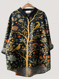 Vintage Black Tree Art Print Casual Shirt with Pocket