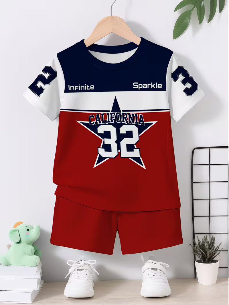 Featuring a Trendy Navy, Red and White Color Combination with a Creative California Star Number 32 Pattern