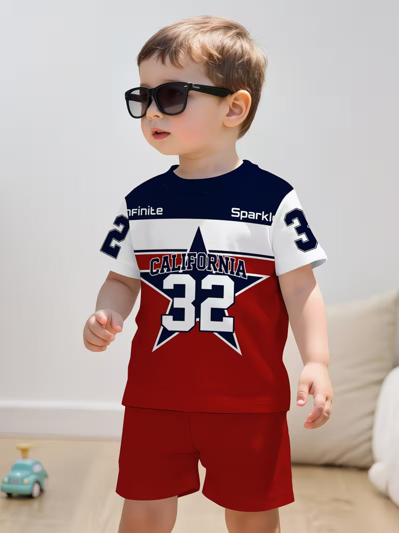 Featuring a Trendy Navy, Red and White Color Combination with a Creative California Star Number 32 Pattern