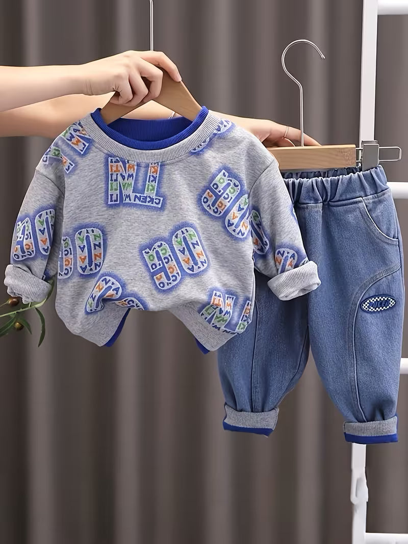 2Pcss Kids Trendy Cool Outfit Set, Full Letter Print Sweatshirt And Faux Denim