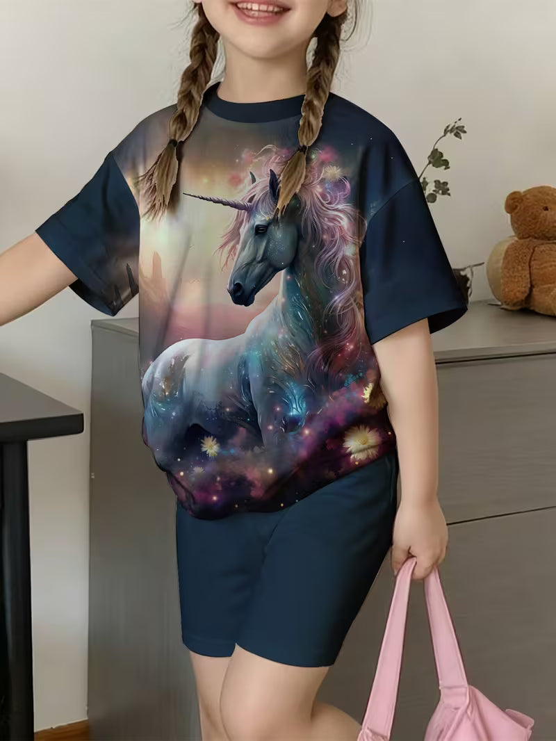 Unicorn Shorts Set Cool Starry Sky Streamer Unicorn Print Short-Sleeved Set