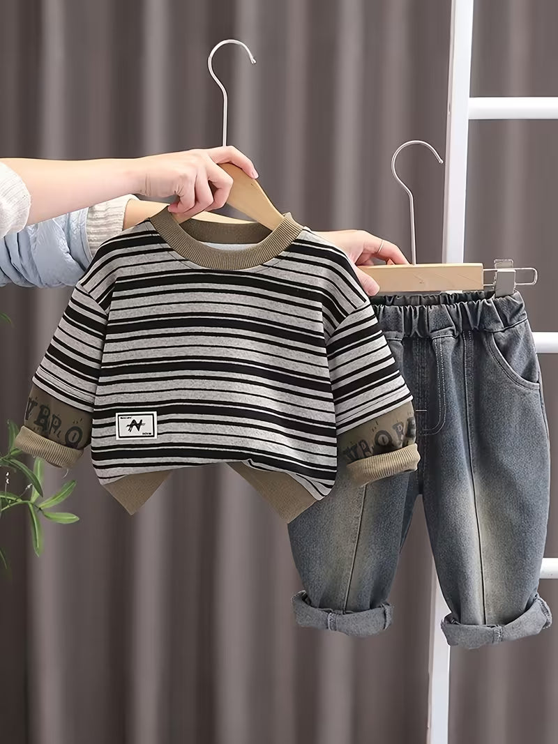 New Style 2pcs Set for Boys, Fashionable And Eye-Catching Striped Letter Logo Long-Sleeve Two-Piece Outfit
