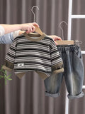 New Style 2pcs Set for Boys, Fashionable And Eye-Catching Striped Letter Logo Long-Sleeve Two-Piece Outfit