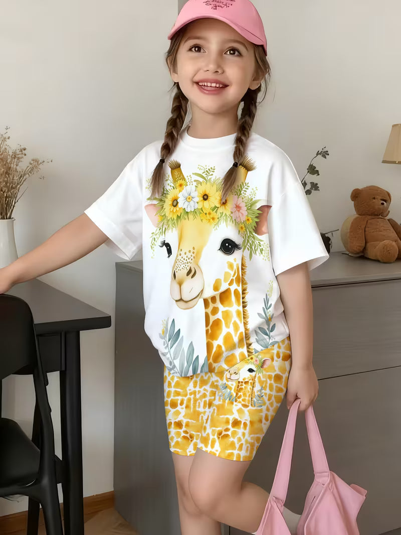 Girls' T-shirt and Shorts Set Features a Cartoon-patterned Short-sleeve Top