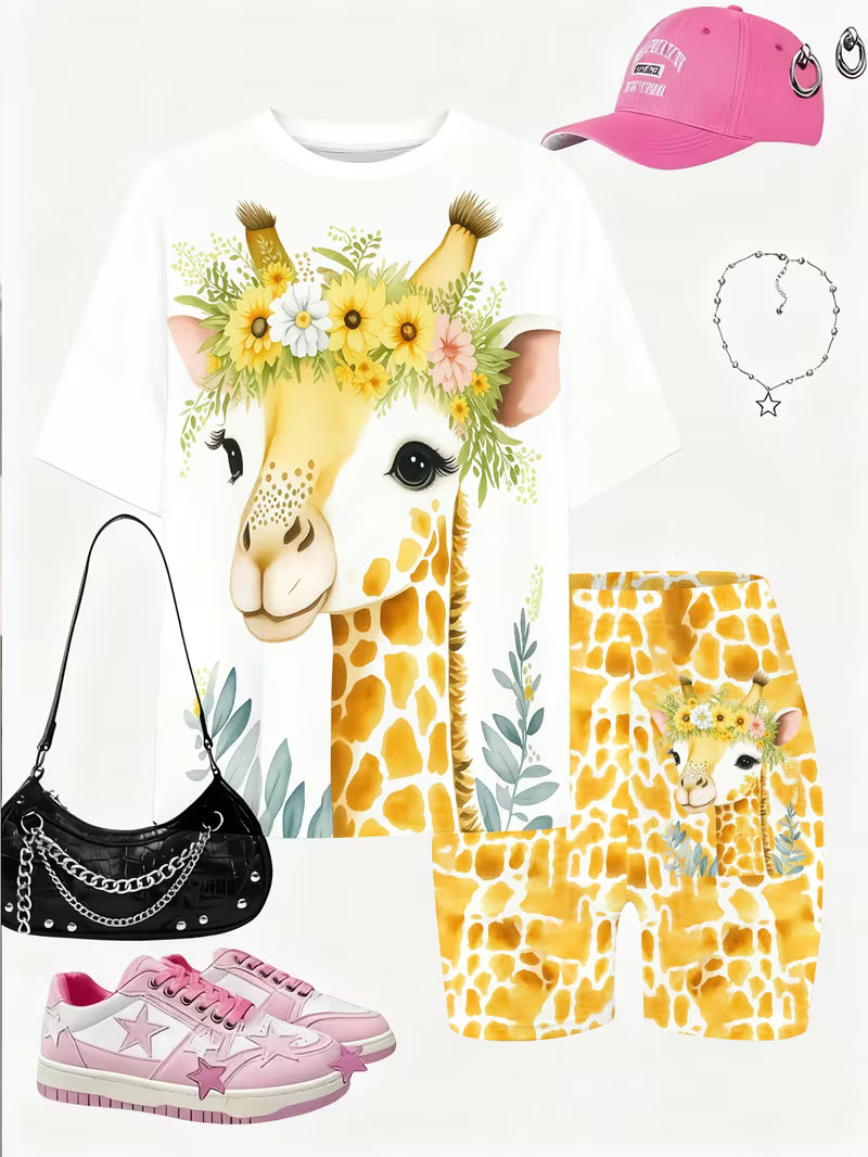 Girls' T-shirt and Shorts Set Features a Cartoon-patterned Short-sleeve Top