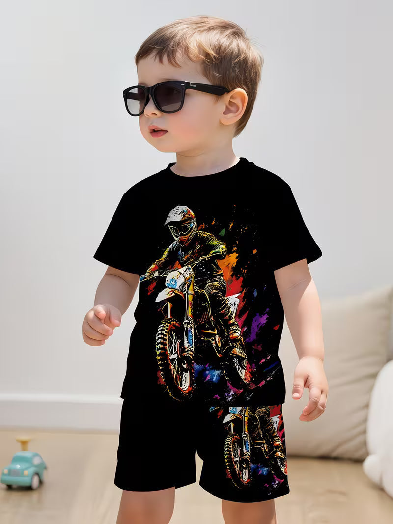 Casual Sports Fashion Cool Off-road Motorcycle Printed Round-neck T-shirt and Shorts Set