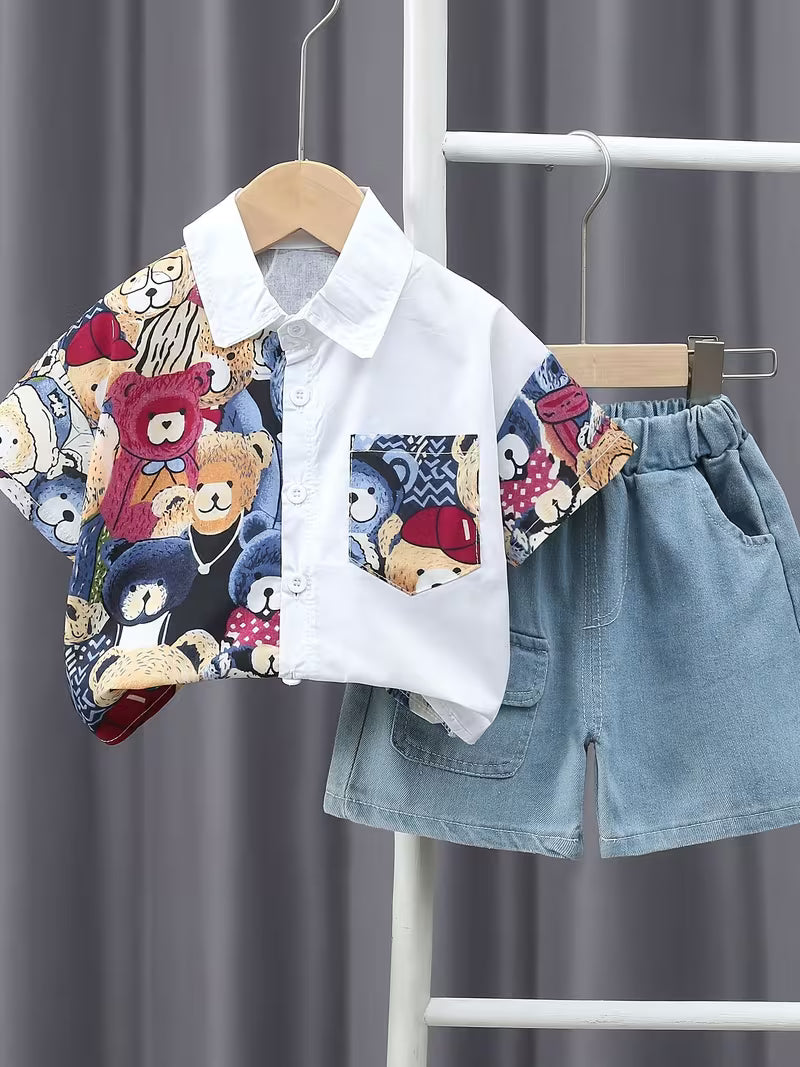 Children'S Clothing Boys Color Block Cartoon Pattern Shirt Short Sleeve Two-Piece Shorts