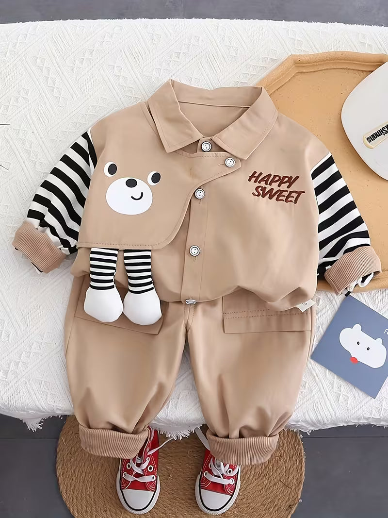 Boys' Turn- Collar Long Sleeve Bear Head Stripe Print Shirt Two-Piece Set Khaki