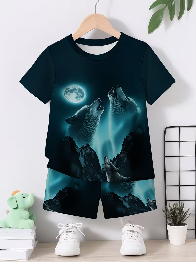 3D Print Cartoon Wolf Graphic Short Sleeve T-Shirt and Shorts Set