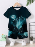 3D Print Cartoon Wolf Graphic Short Sleeve T-Shirt and Shorts Set