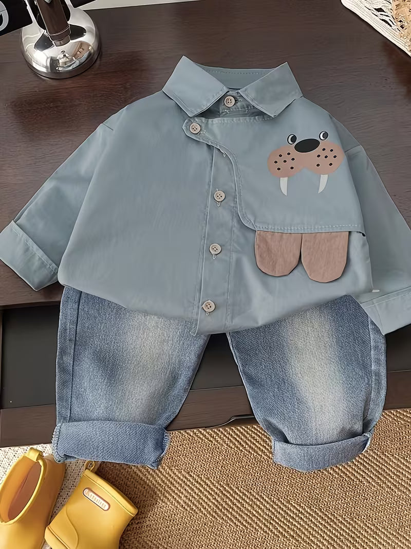Boys' Lapel Cartoon Long-Sleeved Shirt Two-Piece Set