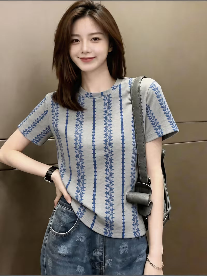 New Chinese Style Blue Pattern Regular Shoulder Short Sleeve T-Shirt