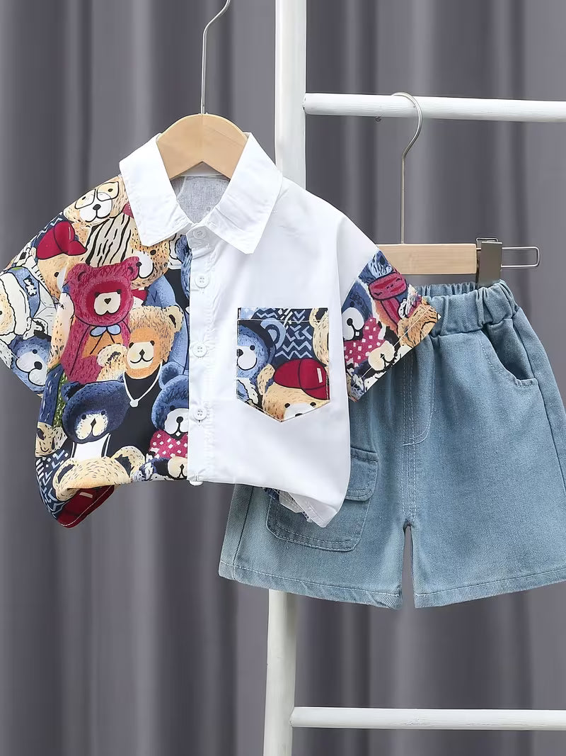 Children'S Clothing Boys Color Block Cartoon Pattern Shirt Short Sleeve Two-Piece Shorts