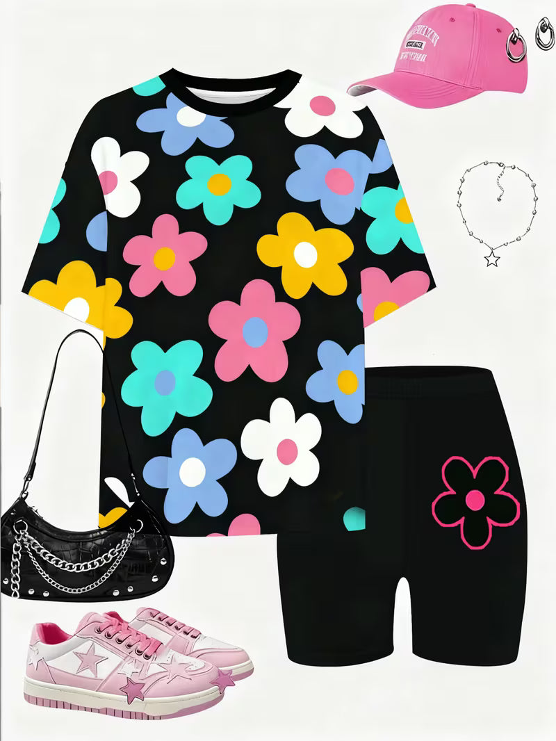 Girls' T-shirt and Shorts Set Features a Cartoon-patterned Short-sleeve Top and Stylish Design