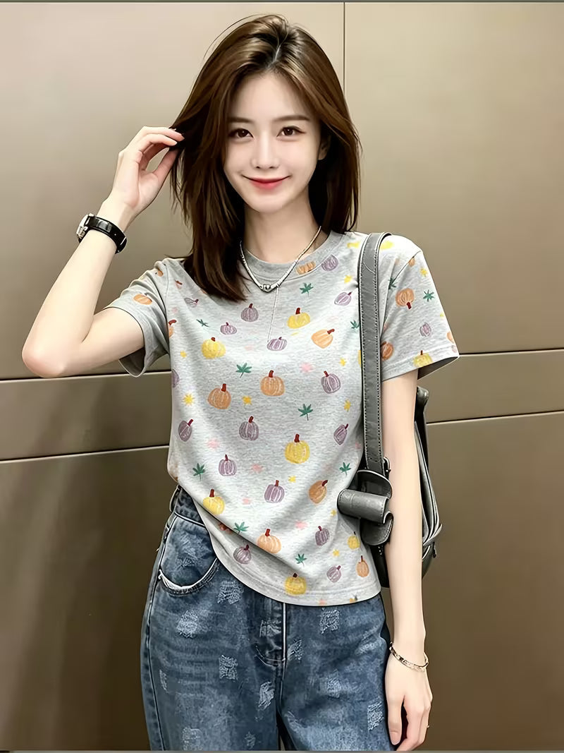 Forest-Style Energetic Pumpkin Drop-Shoulder Short-Sleeve T-Shirt