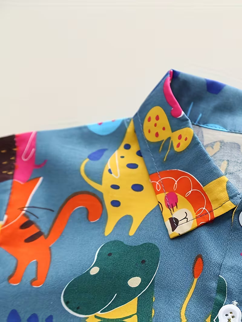 Children's Colorful All-Over Print Animal Long-Sleeved Shirt And Denim Long Pants