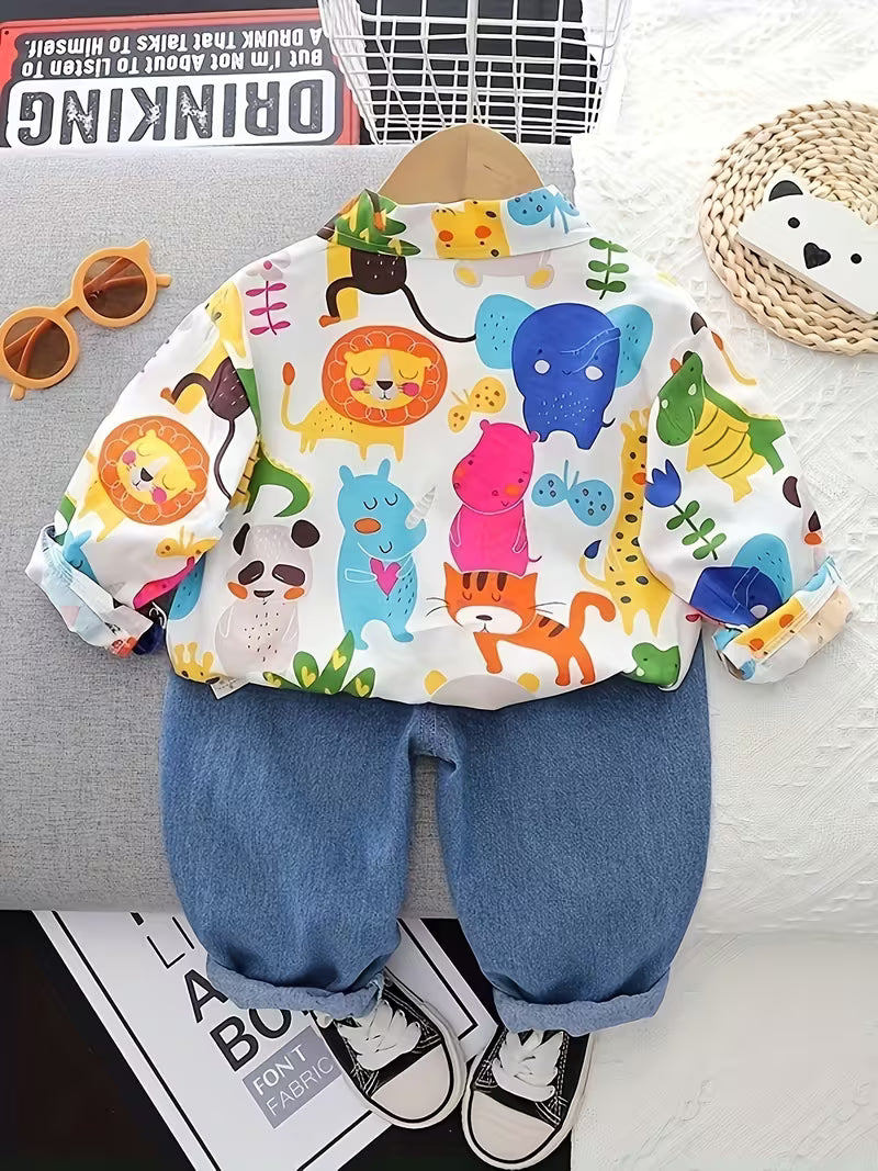 Children's Colorful All-Over Print Animal Long-Sleeved Shirt And Denim Long Pants White