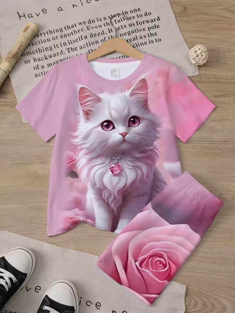 Children's Girls Cute Kitten Cartoon Sweet T-Shirt Shorts Set