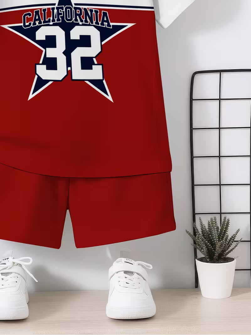 Featuring a Trendy Navy, Red and White Color Combination with a Creative California Star Number 32 Pattern