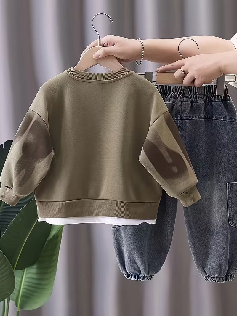 New Fashionable Boy Korean Style Denim Long Pants 2pcs Set Coffee Brown