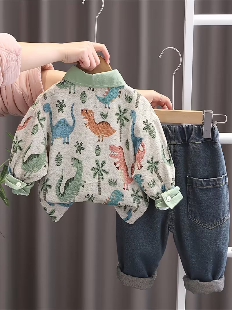 New Collared Cartoon Pocket Dinosaur Print 2pcs Set