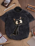 A Round-Neck Short-Sleeve Shirt Featuring an Artistic Embroidered Black Cat Design