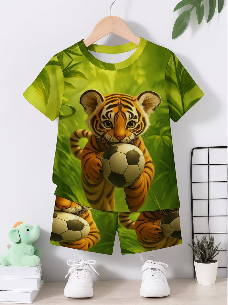 2pcs Set 3D Print Jungle Tiger Football Design Short Sleeve Pullover Shirt