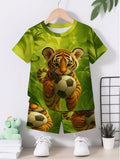 2pcs Set 3D Print Jungle Tiger Football Design Short Sleeve Pullover Shirt