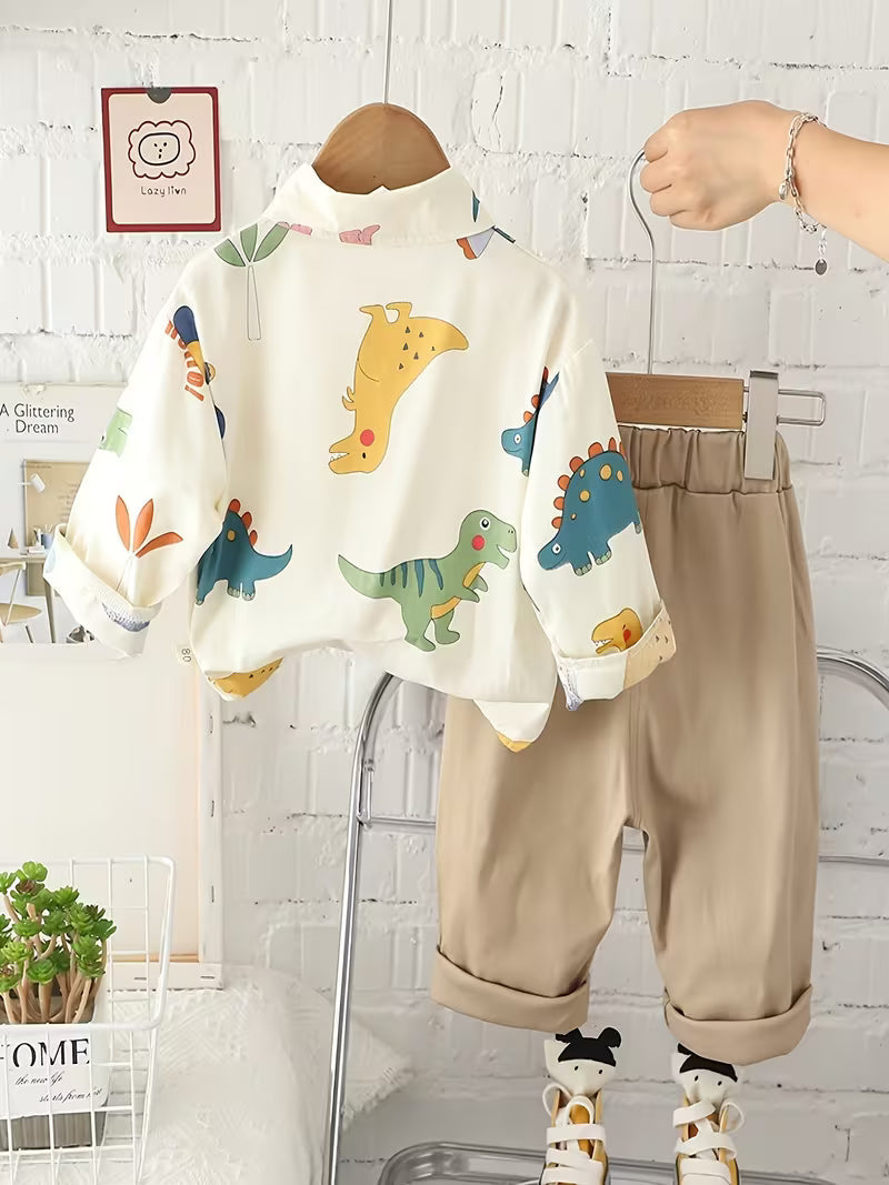 Children's Dinosaur Print Long Sleeve Shirt and Overalls Two-Piece Set