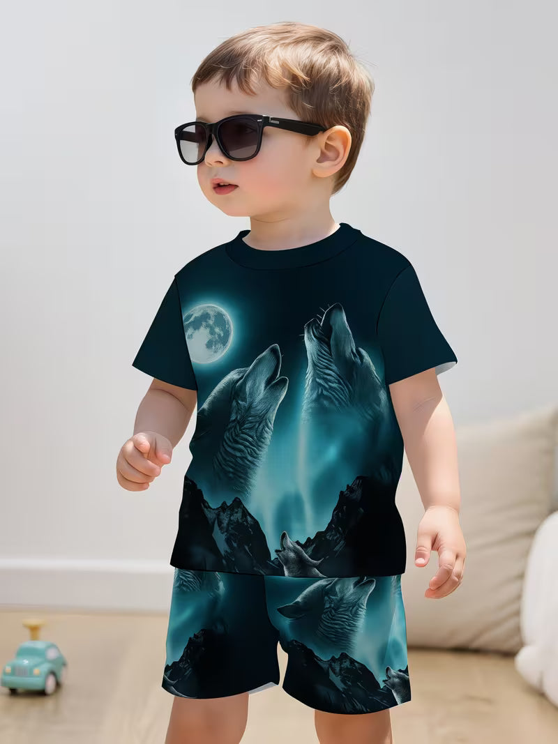 3D Print Cartoon Wolf Graphic Short Sleeve T-Shirt and Shorts Set
