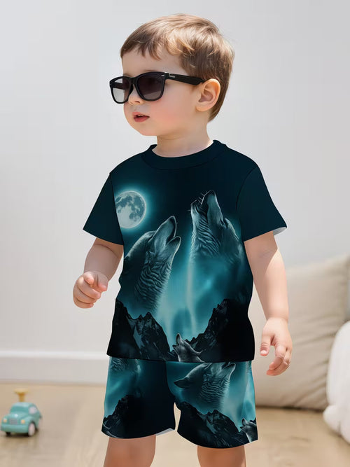 3D Print Cartoon Wolf Graphic Short Sleeve T-Shirt and Shorts Set