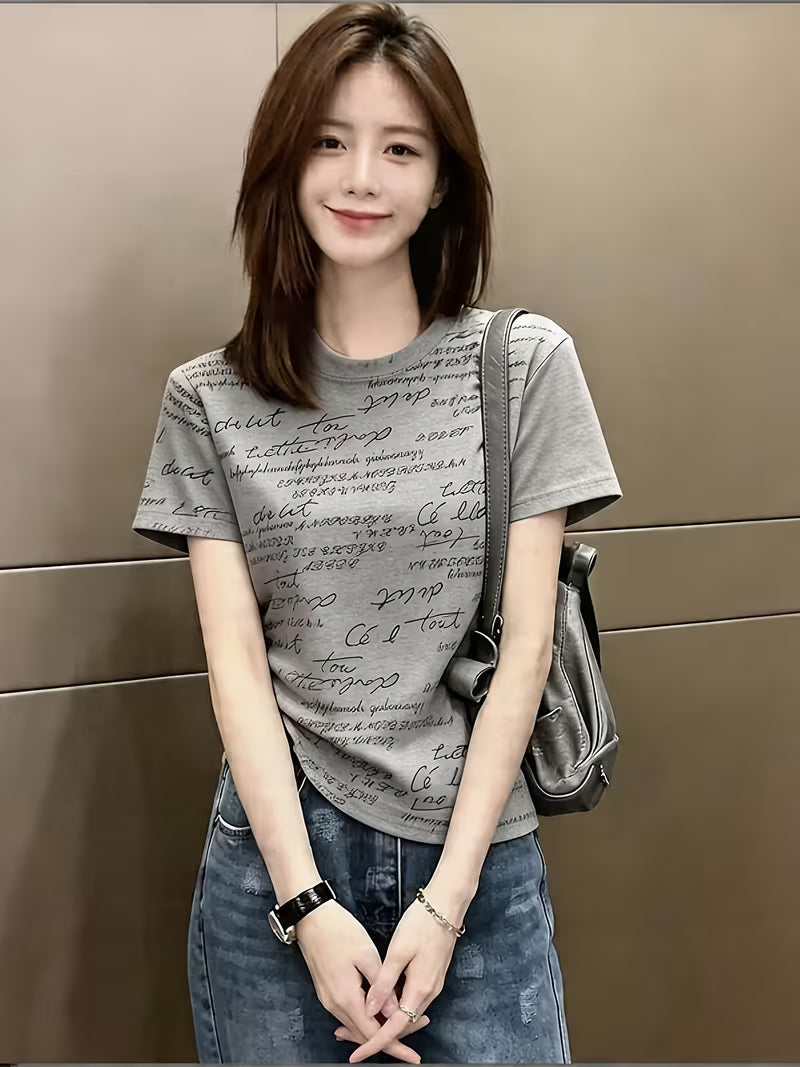 Gray Round Neck Regular Shoulder Short Sleeve Versatile Base Shirt Top