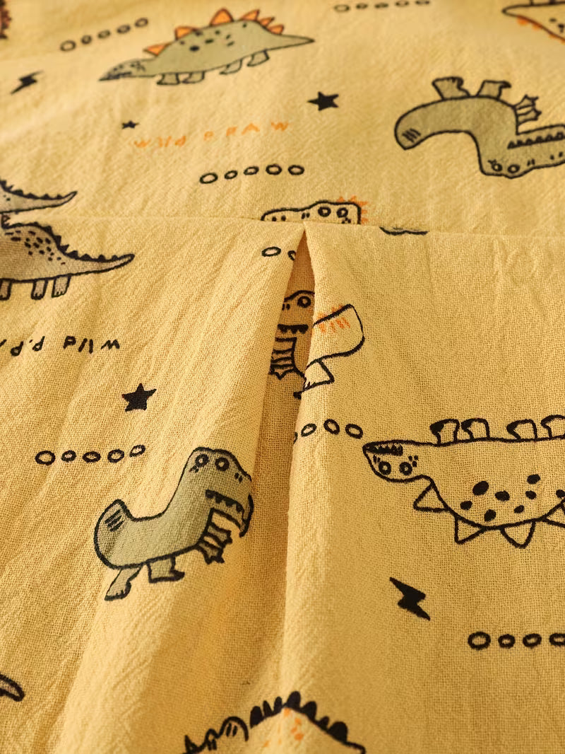 Boys' Dinosaur Print Set with Pocket Long-Sleeve Shirt and Denim Long Pants Yellow