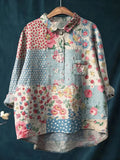 Vintage White Floral Art Print Casual Shirt with Pocket