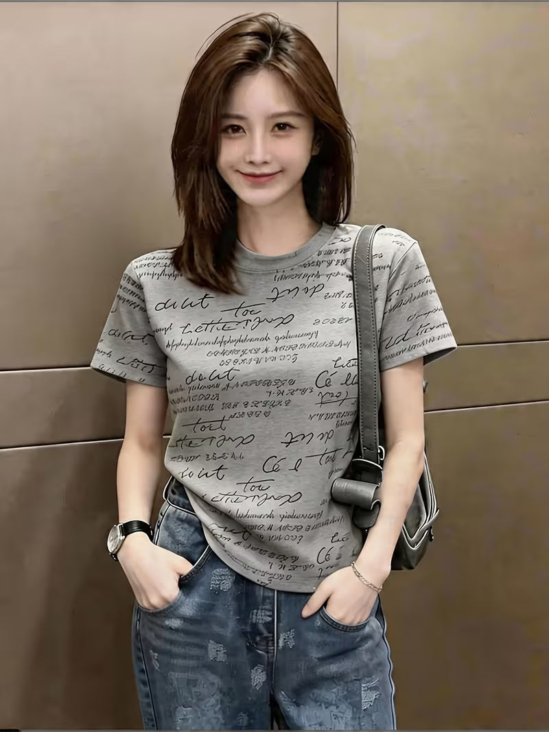Gray Round Neck Regular Shoulder Short Sleeve Versatile Base Shirt Top