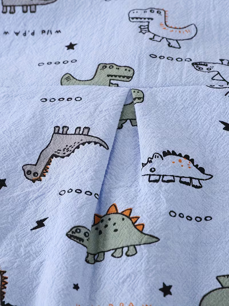 Boys' Dinosaur Print Set with Pocket Long-Sleeve Shirt and Denim Long Pants Sky Blue