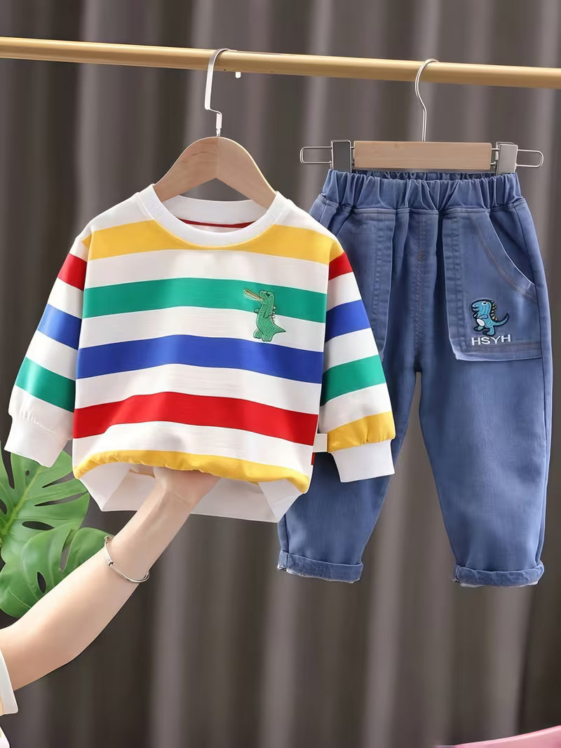 Casual Striped Top + Stylish Denim Long Pants 2pcs Set
