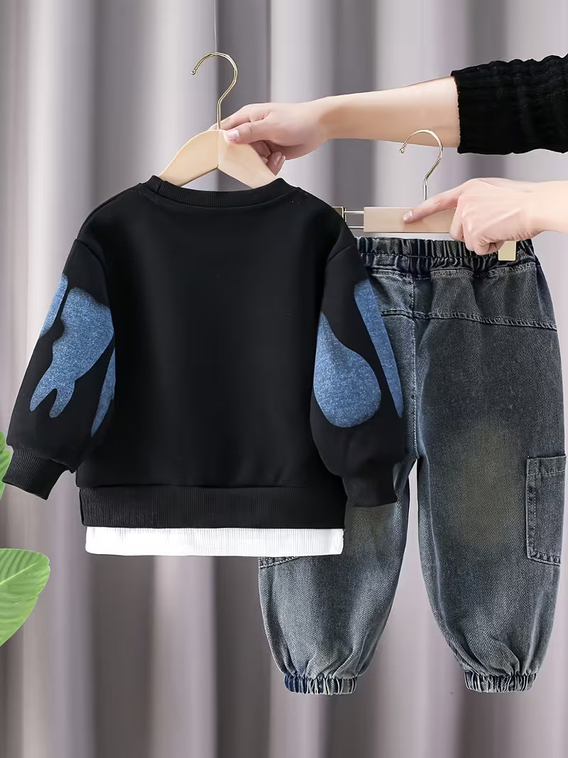 New Fashionable Boy Korean Style Denim Long Pants 2pcs Set