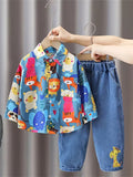 Children's Colorful All-Over Print Animal Long-Sleeved Shirt And Denim Long Pants