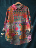 Vintage Red Heart Floral Art Print Casual Shirt with Pocket