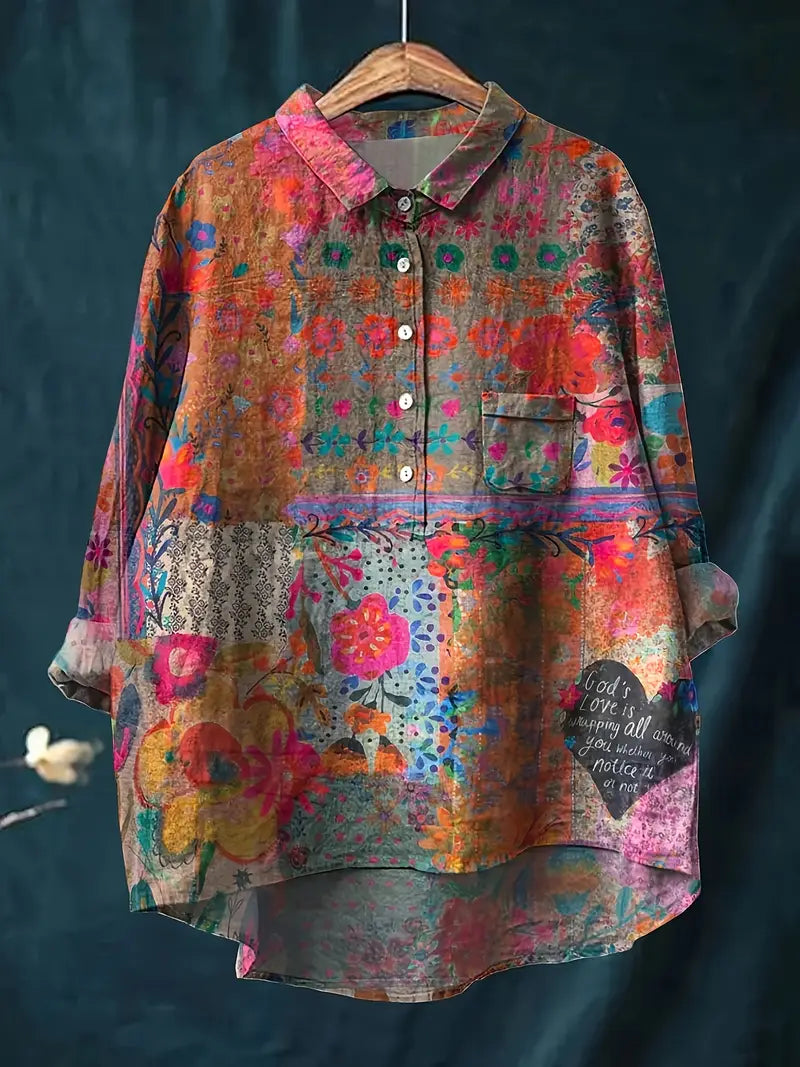 Vintage Heart Floral Art Print Casual Shirt with Pocket