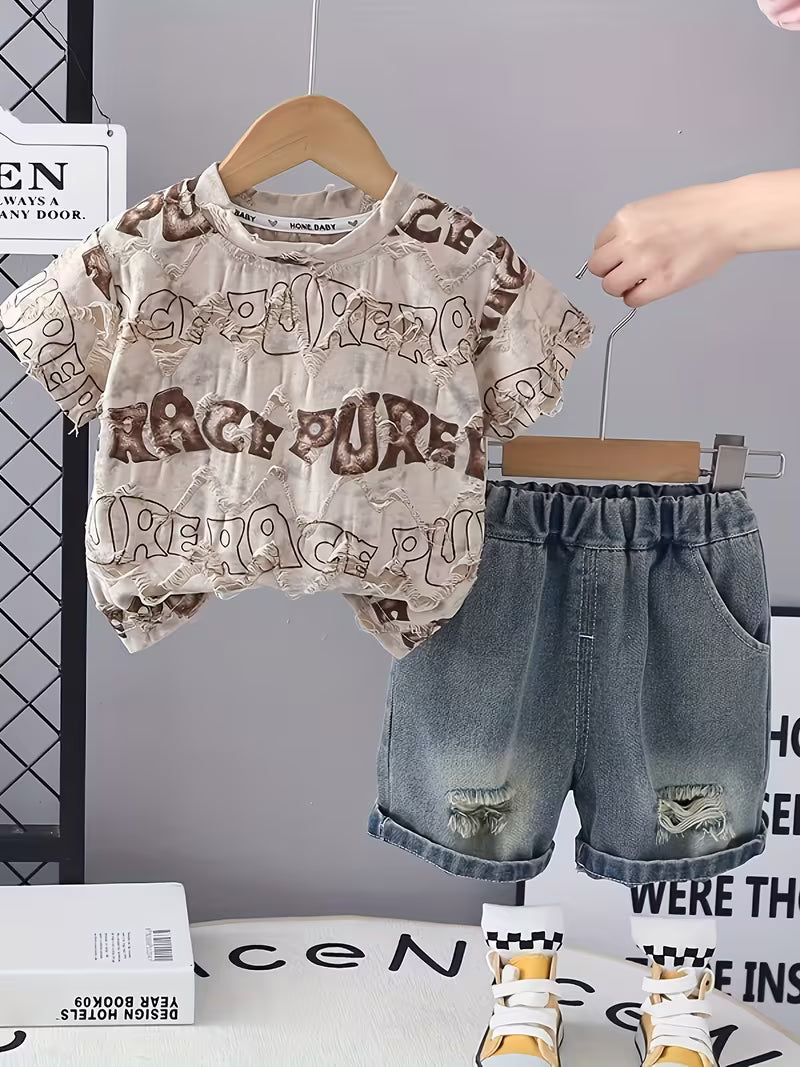 Boys' Short Sleeve And Shorts 2pcs Set, Letter Print Design Khaki