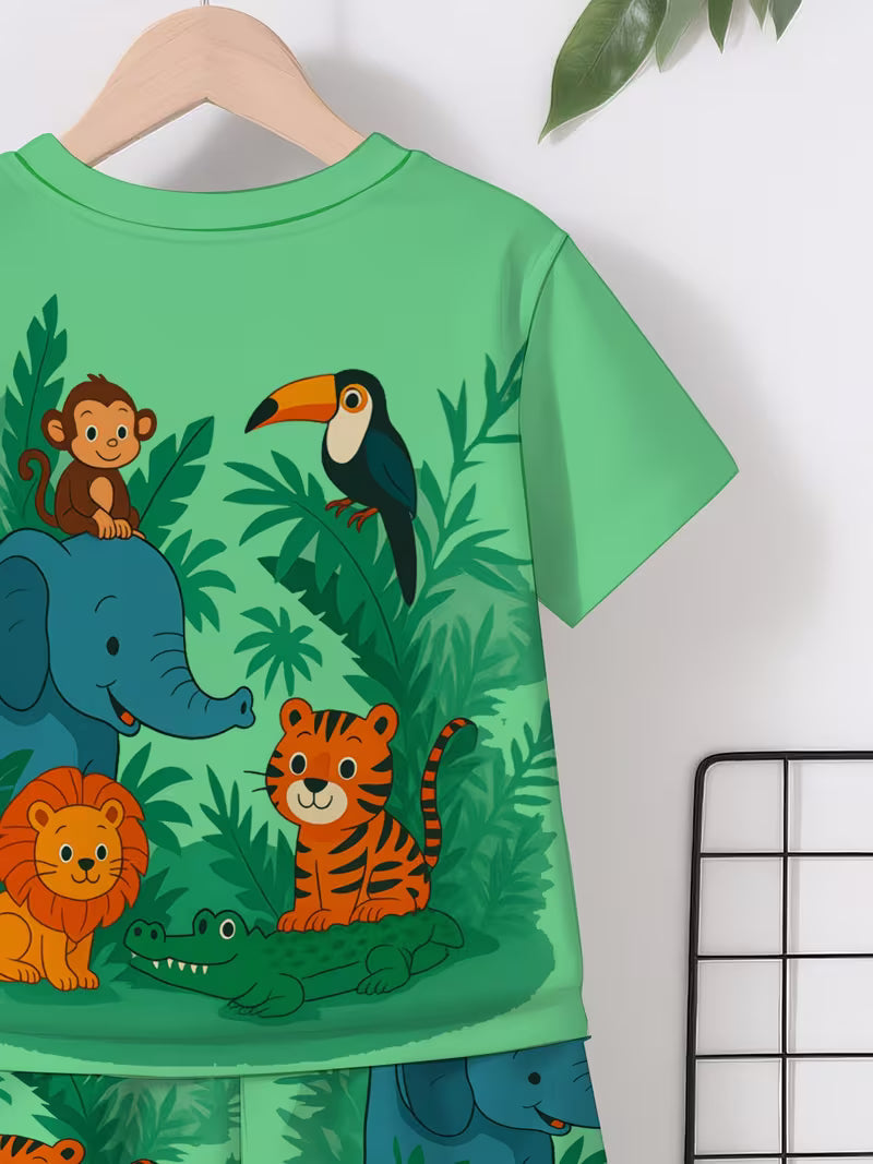 Cute Jungle Animal Play 3D Printed Design, Short Sleeve
