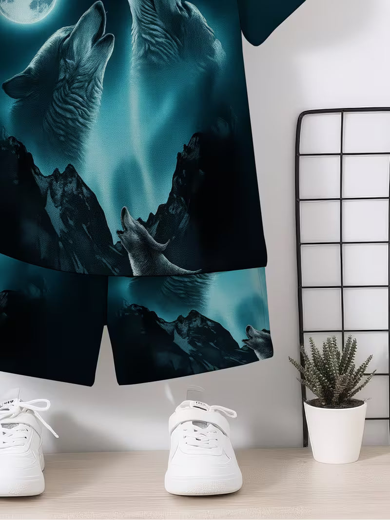 3D Print Cartoon Wolf Graphic Short Sleeve T-Shirt and Shorts Set