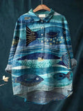 Vintage Big See Fish Art Print Casual Shirt with Pocket