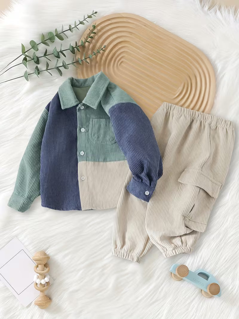 Fashion Patchwork Lapel Cardigan Button-Up Long Sleeve Top And Apricot Elastic Waist Long Pants Mixed
