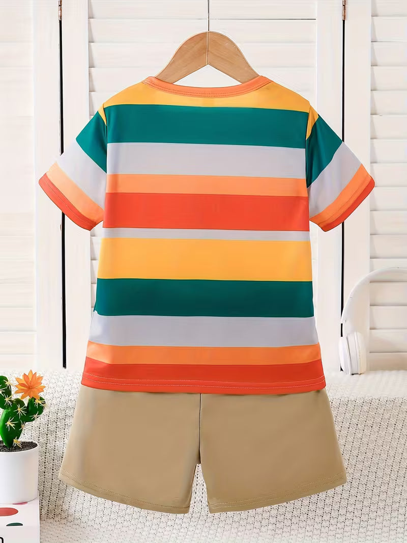 Casual Simple Round Neck Short Sleeve T-Shirt with Colorful Stripes and Solid Color Pants