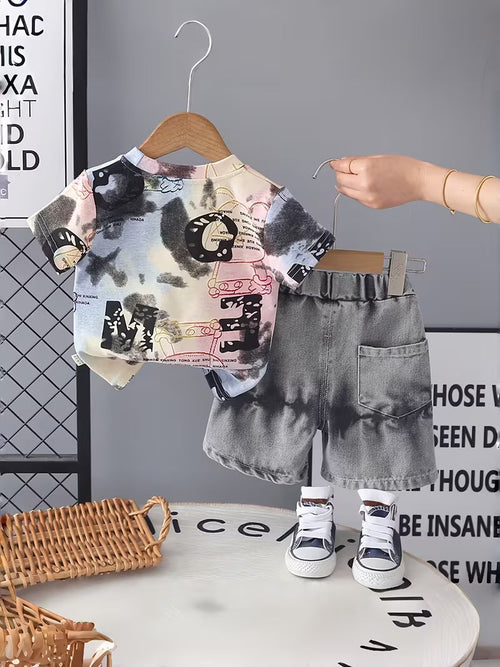 2pcs T-Shirt Set! Lightweight Letter Print T-Shirt Paired with Versatile Denim Shorts