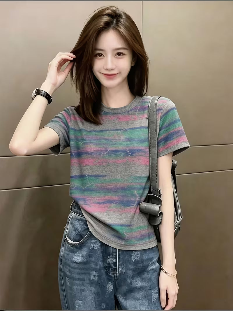 Retro Distressed T-Shirt, Striped Short-Sleeved T-Shirt Grey