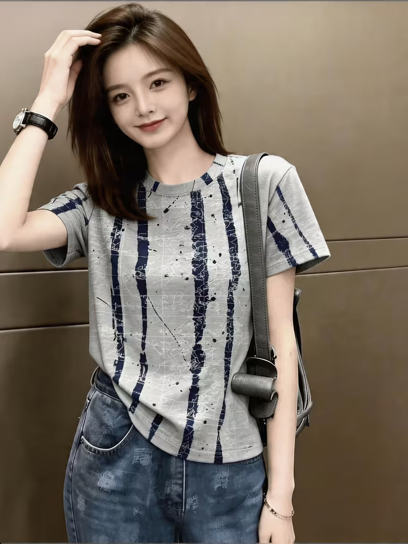Women's Premium Ink Wash Stripe Drop Shoulder Short Sleeve T-Shirt